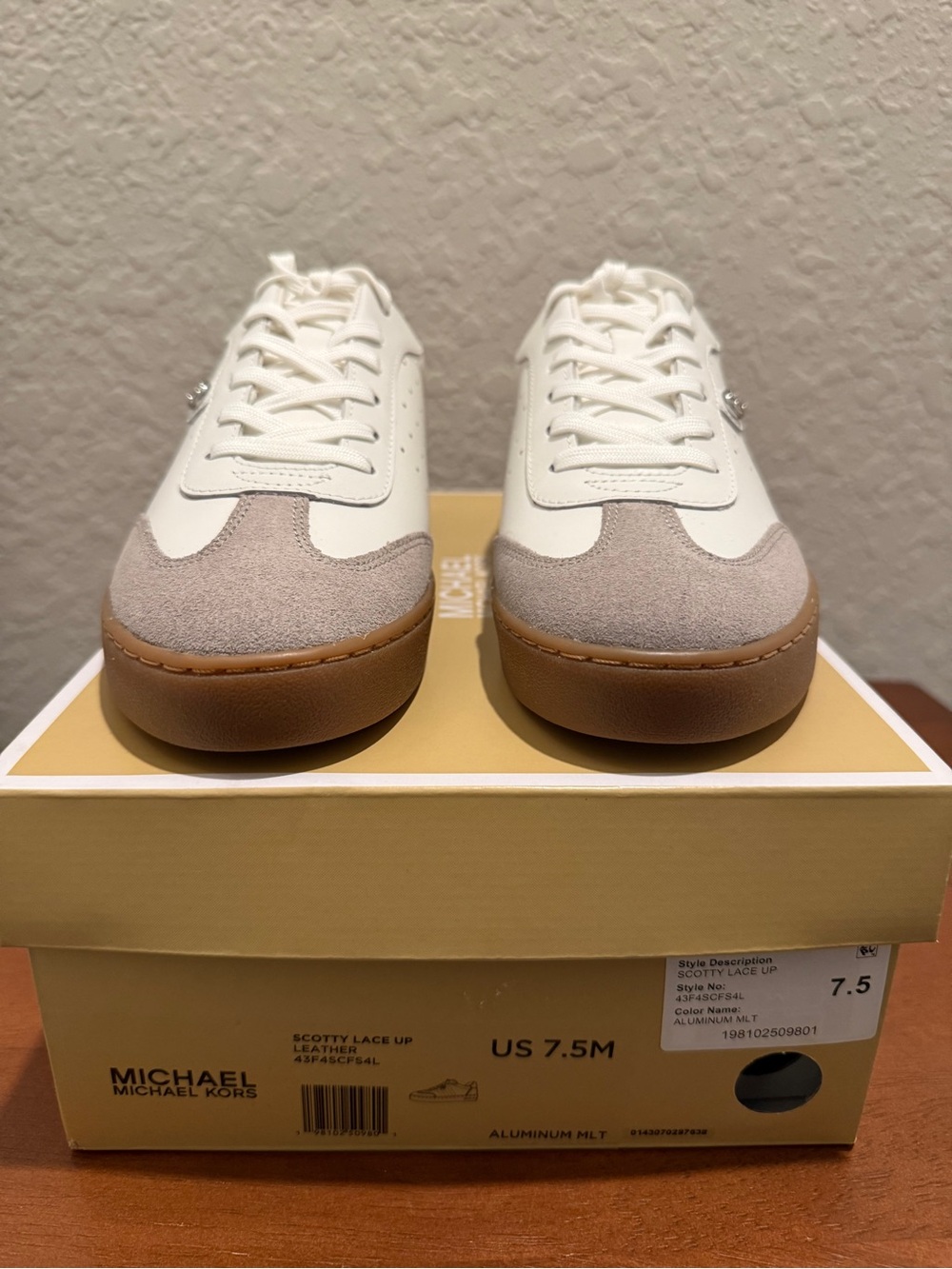 Michael Kors White Leather Sneakers with Taupe Suede Toe and Brown Gum Sole